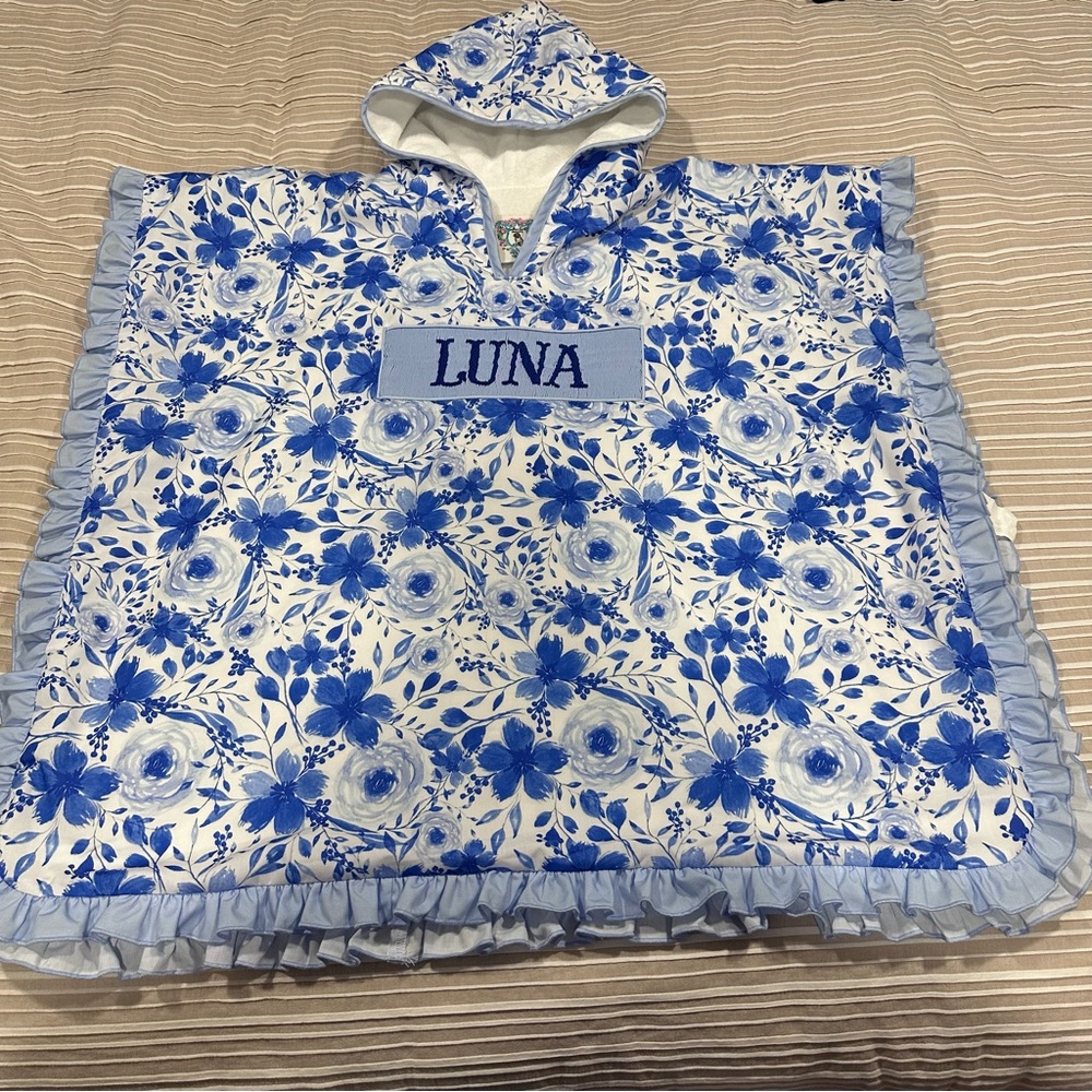Southern Saint Smocks Blue Floral Ruffles Smocked hooded towel Luna monogram